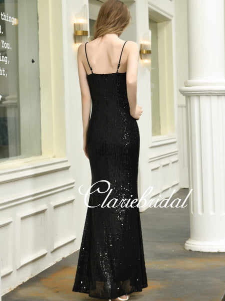 Black Sequin Side Slit Prom Dresses, Long Mermaid Prom Dresses, Affordable Prom Dresses