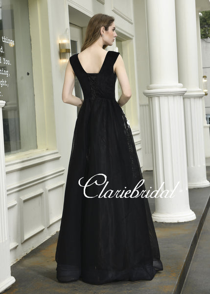 V-neck Long A-line Black Tulle Lace Prom Dresses, Simple Elegant Prom Dresses, Long Prom Dresses