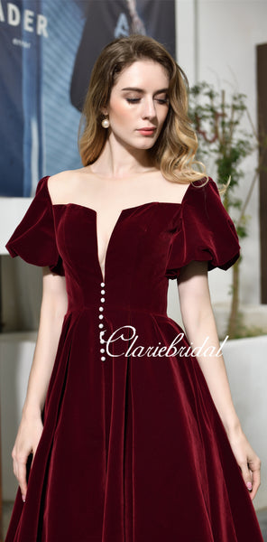 Short Sleeves Velvet Prom Dresses, Vintage Prom Dresses, Affordable Prom Dresses