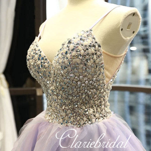 Spaghetti Long A-line Purple Beaded Prom Dresses, Lovely Long Prom Dresses, New Arrival Prom Dresses