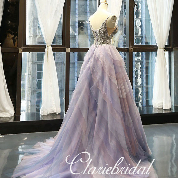 Spaghetti Long A-line Purple Beaded Prom Dresses, Lovely Long Prom Dresses, New Arrival Prom Dresses