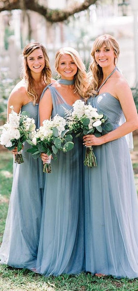 Convertible Long A-line Dusty Blue Tulle Bridesmaid Dresses