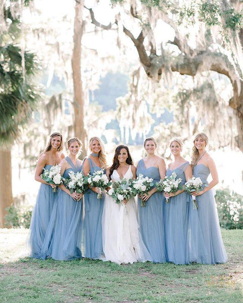 Convertible Long A-line Dusty Blue Tulle Bridesmaid Dresses