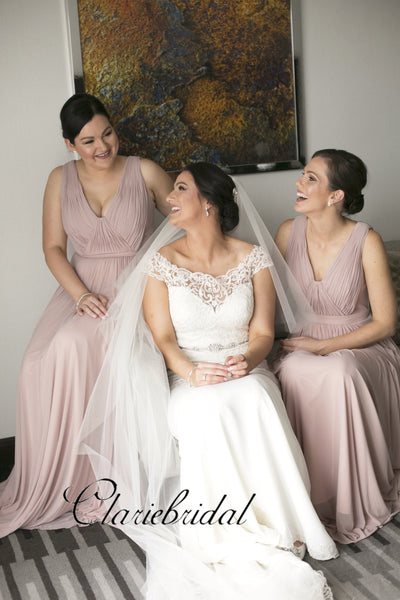 Newest V-neck A-line Chiffon Bridesmaid Dresses, Long Bridesmaid Dresses