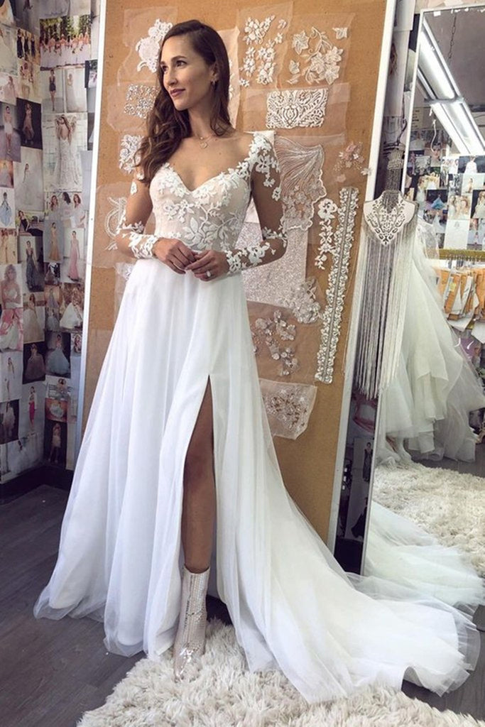 Long Sleeves Lace Wedding Dresses, Side Slit Wedding Dresses, Elegant ClaireBridal Long Sleeves Lace Wedding Dresses, Side Slit Wedding Dresses, Elegant ClaireBridal