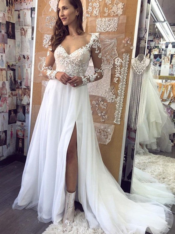 Long Sleeves Lace Wedding Dresses, Side Slit Wedding Dresses, Elegant – ClaireBridal