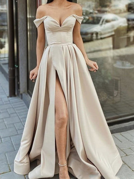 High Slit Formal Graduation Evening Dress, Elegant Off Shoulder 2021 Prom Dresses