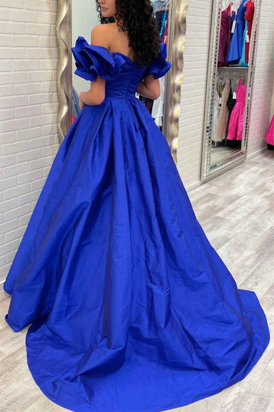 Royal Blue Satin A-line Prom Dresses, Ruffled Sleeves Prom Dresses, Popular 2022 Prom Dresses