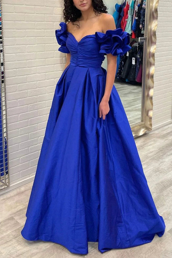 Royal Blue Satin A-line Prom Dresses, Ruffled Sleeves Prom Dresses, Po ClaireBridal Royal Blue Satin A-line Prom Dresses, Ruffled Sleeves Prom Dresses, Po ClaireBridal