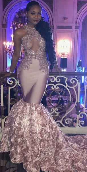 Long Mermaid 3D Satin Flower Prom Dresses, Lace Beaded Prom Dresses, Long Prom Dresses