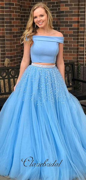Sky Blue Fashion Off Shoulder Prom Dresses, 2 Pieces Beaded A-line Prom Dresses