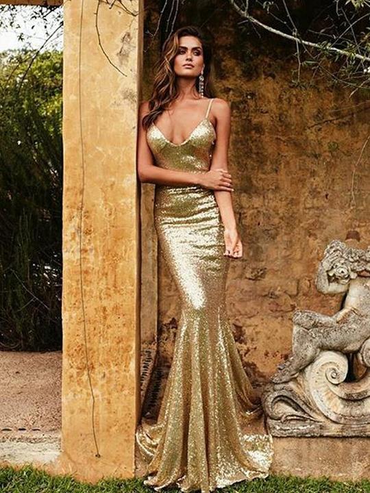 Gold Sequin Mermaid Prom Dresses, Long Prom Dresses, Popular Prom Dresses