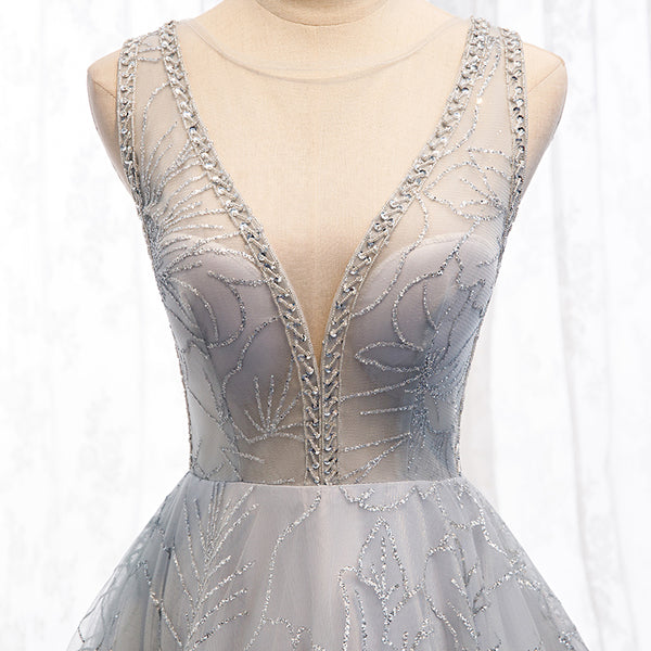 Light Grey Sequin Tulle Elegant Long Prom Dresses, A-line 2021 Prom Dresses, Beaded Prom Dresses