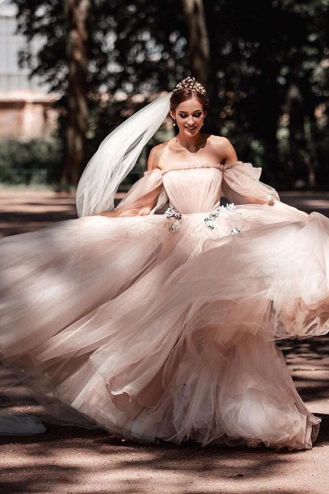 Womens Dresses Pink Fit Flare Dress Off Shoulder Dark Nude Tulle Wedding  Dresses, Country Wedding Dresses,