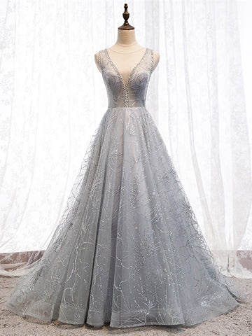 Light Grey Sequin Tulle Elegant Long Prom Dresses, A-line 2021 Prom Dresses, Beaded Prom Dresses