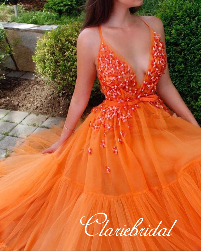 V neck Long A line Bright Orange Prom Dresses Tulle Prom Dresses Lon ClaireBridal