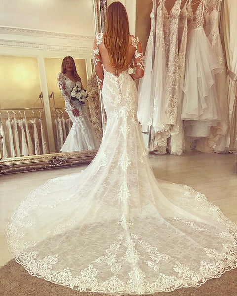 Long Sleeves Lace Mermaid Wedding Dresses, Bridal Gown, Elegant Lace Bridal Gown