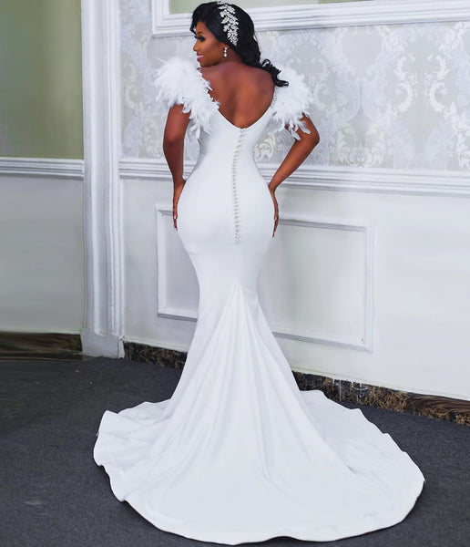 V-neck Long Mermaid Jersey Feather Wedding Dresses, Elegant Bridal Gown, 2020 Wedding Dresses