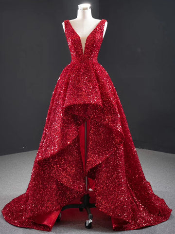 V-neck Long A-line Hi-low Red Sequin Prom Dresses, Long Prom Dresses, 2021 Prom Dresses
