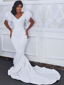 V-neck Long Mermaid Jersey Feather Wedding Dresses, Elegant Bridal Gow ClaireBridal V-neck Long Mermaid Jersey Feather Wedding Dresses, Elegant Bridal Gow ClaireBridal
