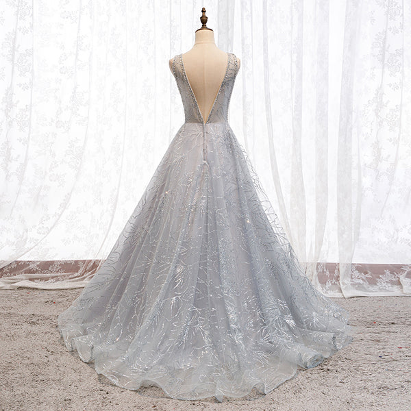 Light Grey Sequin Tulle Elegant Long Prom Dresses, A-line 2021 Prom Dresses, Beaded Prom Dresses