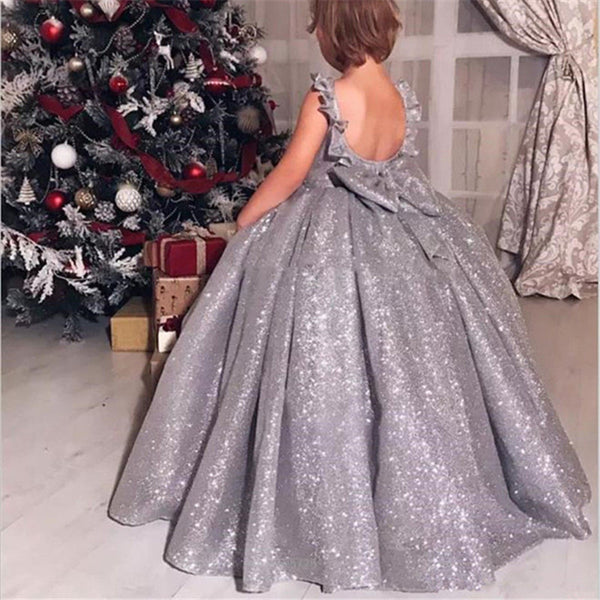 Round Neck Long Grey Sparkle Flower Girl Dresses, Shiny Flower Girl Dresses, Little Girl Dresses