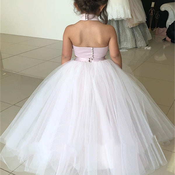 2 Pieces Tulle Appliques Flower Girl Dresses, High Neck Flower Girl Dresses, Little Girl Dresses