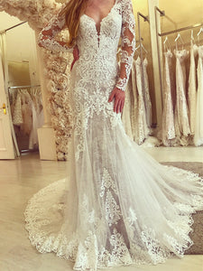 Long Sleeves Lace Mermaid Wedding Dresses, Bridal Gown, Elegant Lace Bridal Gown