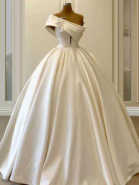 One Shoulder Ivory Satin Wedding Dresses, Simple Elegant Long Wedding Dresses, Bridal Gown