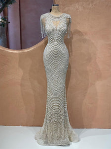 Round Neck Long Beaded Luxury Prom Dresses, Mermaid Prom Dresses, 2021 Long Prom Dresses