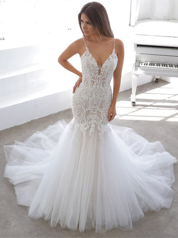 Spaghetti Long Mermaid Lace Tulle Wedding Dresses, Lace Mermaid Wedding Dresses, Newest 2020 Wedding Gown