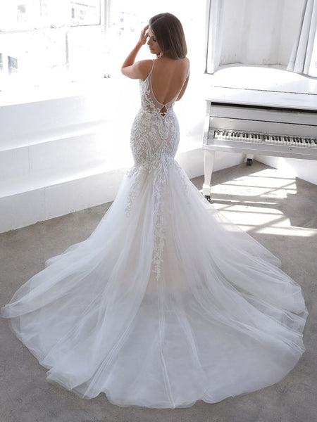 Spaghetti Long Mermaid Lace Tulle Wedding Dresses, Lace Mermaid Wedding Dresses, Newest 2020 Wedding Gown