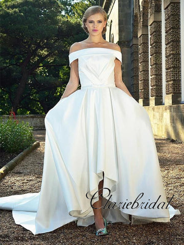 Off Shoulder Ivory Satin A-line Long Train Wedding Dresses