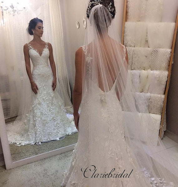 Elegant Lace Wedding Dresses, V-neck Modest Lace Wedding Dresses