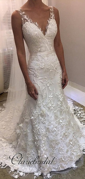 Elegant Lace Wedding Dresses, V-neck Modest Lace Wedding Dresses