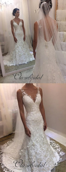 Elegant Lace Wedding Dresses, V-neck Modest Lace Wedding Dresses