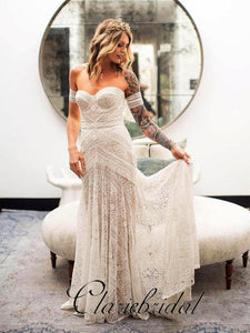 Ivory Lace Mermaid Country Wedding Dresses, Long Wedding Dresses, Bridal Gown