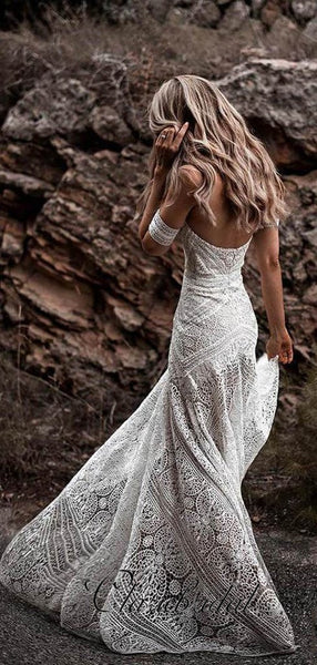 Ivory Lace Mermaid Country Wedding Dresses, Long Wedding Dresses, Bridal Gown