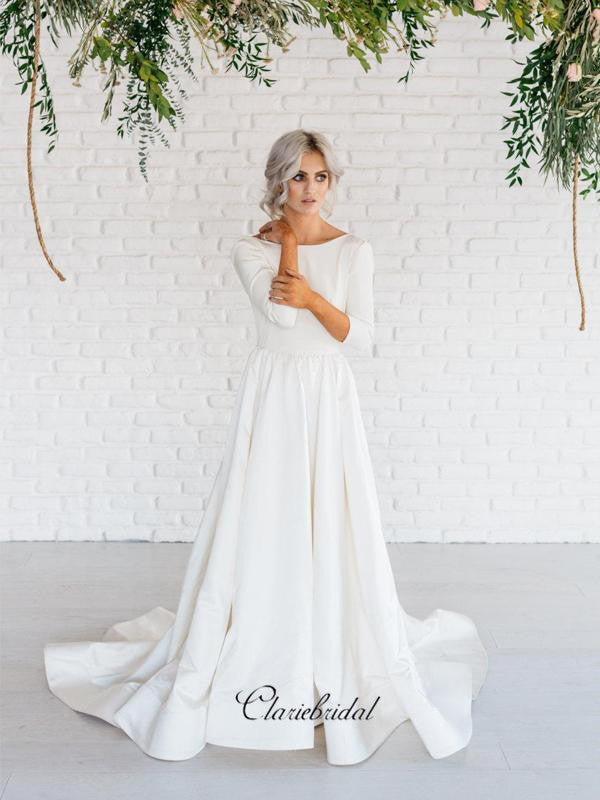 Long Sleeves Satin Wedding Dresses, A-line Wedding Dresses, Simple Bri – ClaireBridal