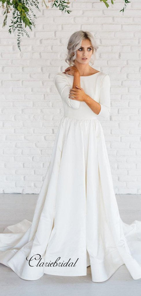 Long Sleeves Satin Wedding Dresses, A-line Wedding Dresses, Simple Bri ClaireBridal Long Sleeves Satin Wedding Dresses, A-line Wedding Dresses, Simple Bri ClaireBridal