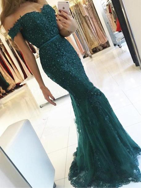 Off Shoulder Mermaid Appliques Beaded Prom Dresses, Long Prom Dresses, Prom Dresses