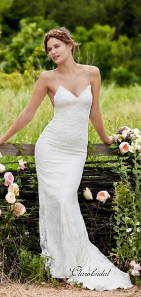 Spaghetti Straps Backless Sexy Wedding Dresses, Lace Mermaid Country Wedding Dresses