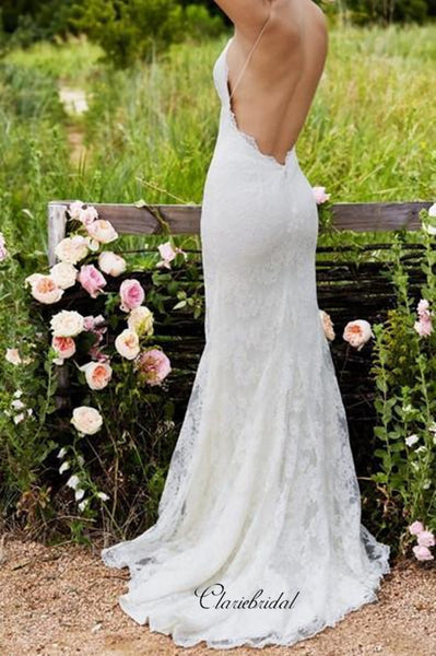 Spaghetti Straps Backless Sexy Wedding Dresses, Lace Mermaid Country Wedding Dresses