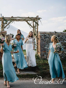 Half Sleeves Blue Chiffon French Style Long Bridesmaid Dresses