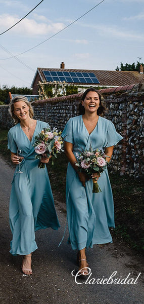 Half Sleeves Blue Chiffon French Style Long Bridesmaid Dresses