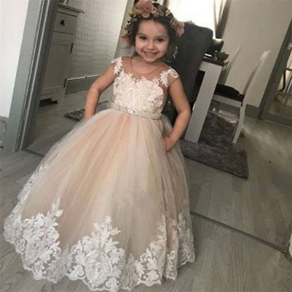 Round Neck Long A-line Lace Tulle Flower Girl Dresses, Pricess Dresses, Little Girl Dresses