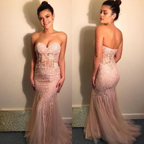Sweetheart Mermaid Lace Tulle Prom Dresses, Nude Pink Prom Dresses