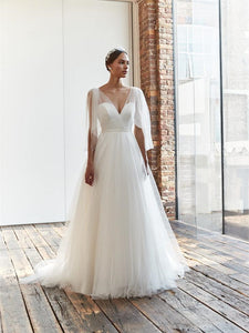 V-neck Simple Tulle Wedding Dresses, Elegant A-line Wedding Dresses, Bridal Gown, 2023 Wedding Dresses