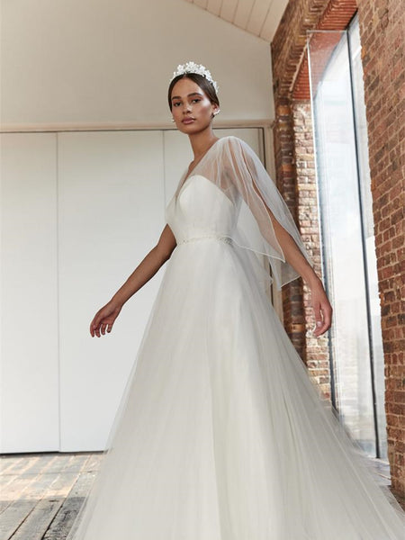 V-neck Simple Tulle Wedding Dresses, Elegant A-line Wedding Dresses, Bridal Gown, 2023 Wedding Dresses