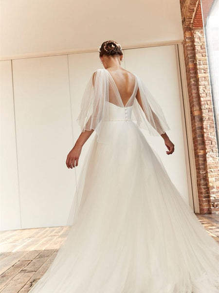 V-neck Simple Tulle Wedding Dresses, Elegant A-line Wedding Dresses, Bridal Gown, 2023 Wedding Dresses